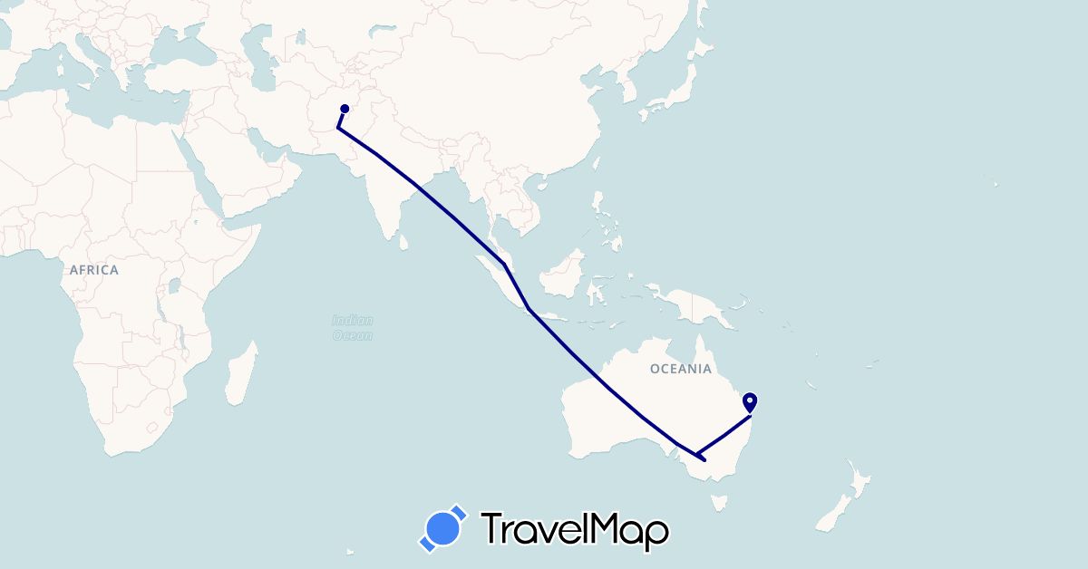TravelMap itinerary: driving in Afghanistan, Australia, Indonesia, Malaysia, Pakistan (Asia, Oceania)